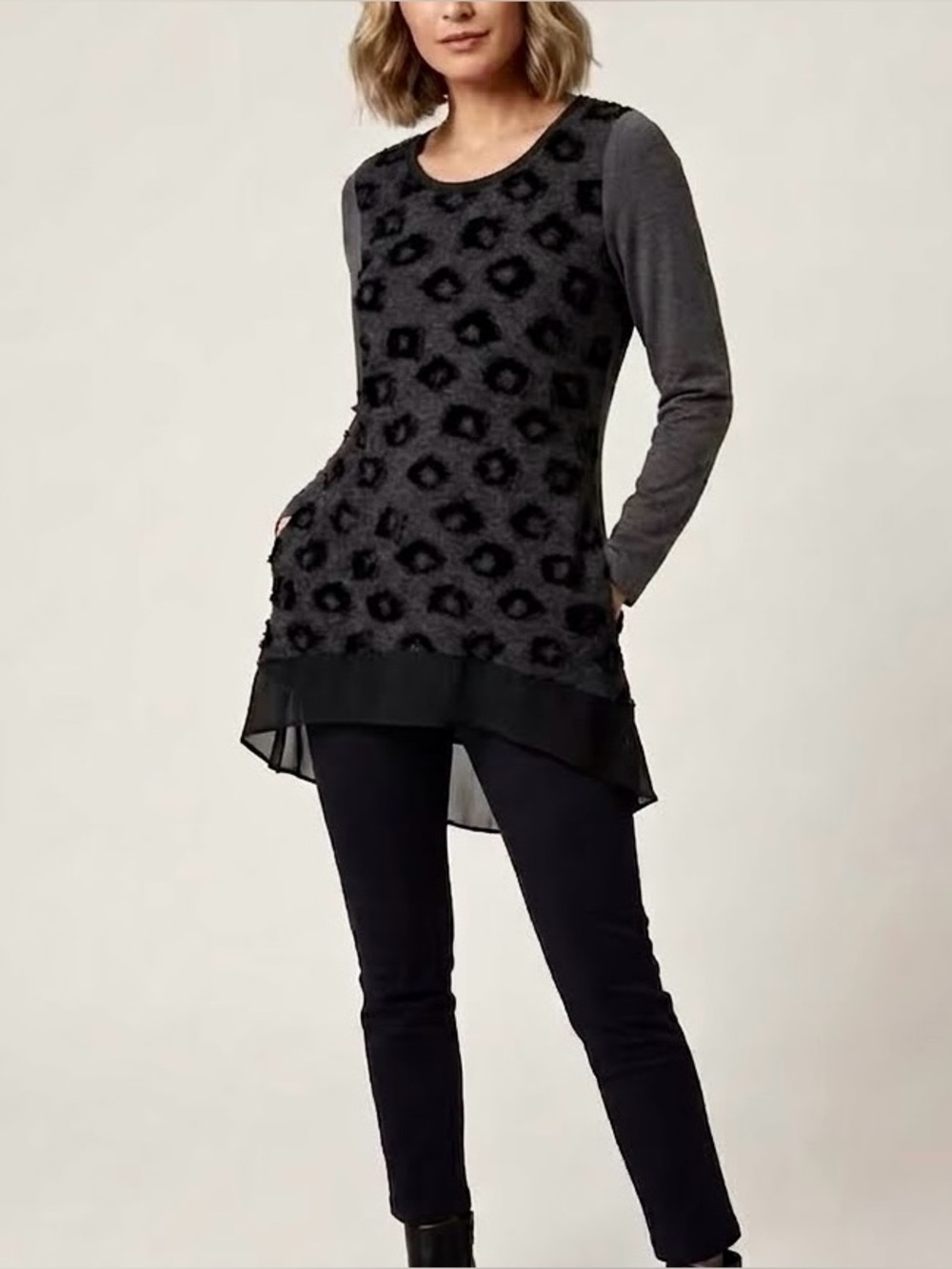Patrizia Luca Textured Mixed Media Asymmetric Tunic Top Dark Gray Black Size M
